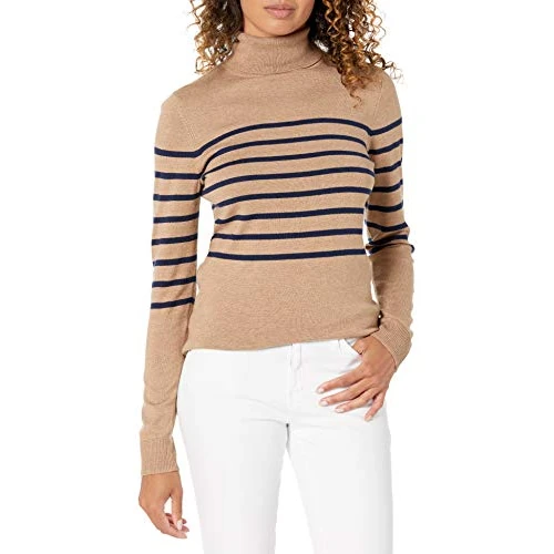 Amazon Essentials Women's Classic-Fit Lightweight Roll Neck Long-Sleeve Jumper (Available in Plus Size), Camel Navy Placed Stripe, S