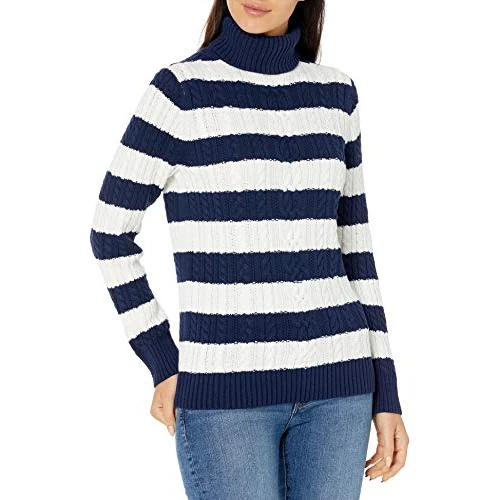 Amazon Essentials Damen Leichter Rollkragenpullover Mit Zopfmuster (Erhältlich In Übergröße), Marineblau Weiß Rugby-Streifen, XL