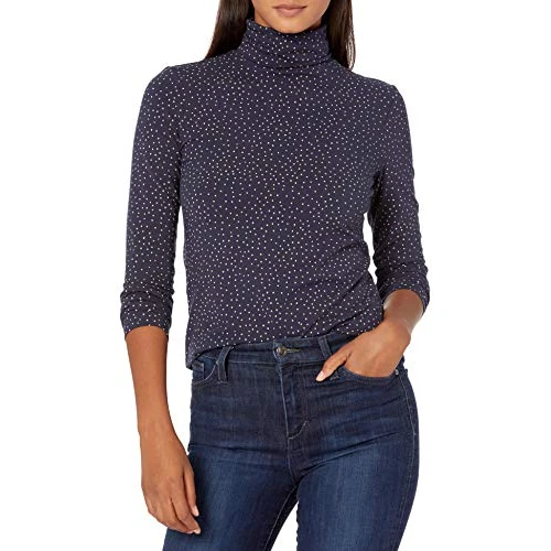 Amazon Essentials Women's Turtleneck Long Sleeve Shirt (Available in Plus Size), Camel Navy Dots, XS