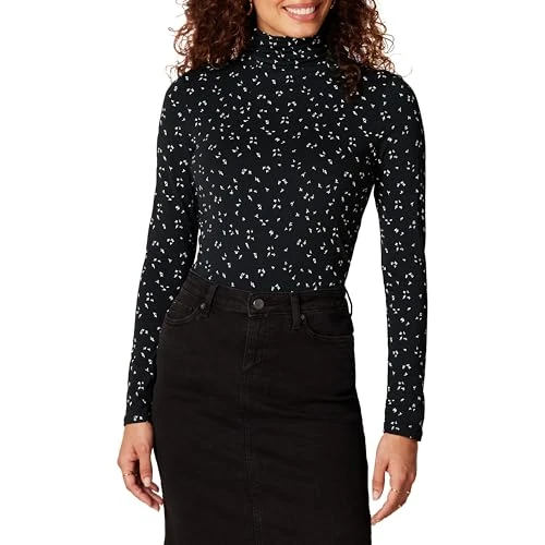 Offerta a tempo: Amazon Essentials Maglione a Collo Alto a Maniche Lunghe (Disponibile in Taglie Forti) Donna, Nero Bianco Motivo di Foglie, S - 42% da 20.90 € a 12.20 €