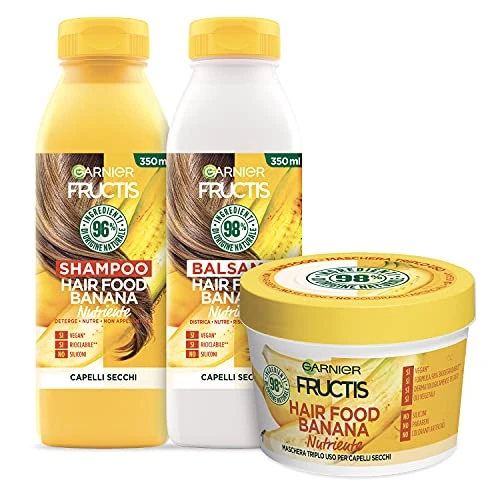 Offerta a tempo: Garnier Fructis Hair Food Banana Nutriente, Kit con Shampoo, Balsamo e Maschera per Capelli Secchi, Fino al 98% di Ingredienti di Origine Naturale, Senza Siliconi - 31% da 15.37 € a 10.56 €