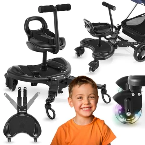 Offerta a tempo: Moby-System Pedana Universale con Sedile per Passeggino - Ruote LED Ammortizzate, Seggiolino Aggiuntivo e Tavolette Portatili, Compatibile con la Maggior Parte dei Passeggini - 0.00% da 99.00 € a 99.00 €