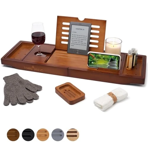 Offerta a tempo: Temple Spring Vassoio da bagno estensibile per vasca da bagno con candele, bicchieri da vino, libri, supporti per iPad e telefono,vassoio da bagno regolabile in bambù sopra gli accessori vasca-Marrone - 0.00% da 49.99 € a 49.99 €