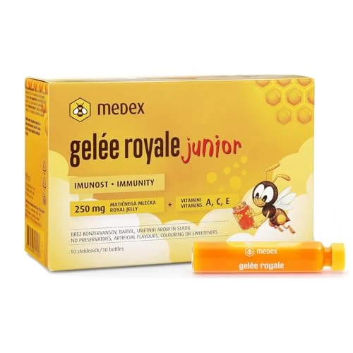 Medex Gelée Royale Junior, Fresh 250 mg Royal Jelly, with Natural Vitamins A, C, E, Excellent Taste, No Sweeteners, Easy to Open, Children 3+, Liquid in Phials 10x9 ml