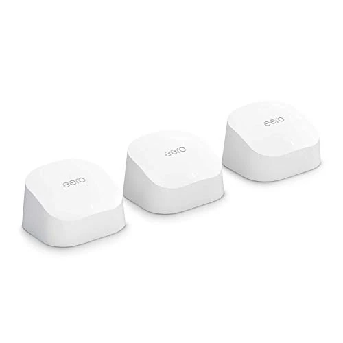 Offre limitee: Routeur Wi-Fi maillé Amazon eero 6 | Ethernet 500 Mb/s | Couvre jusqu'à 420 m² | Possibilité de connecter plus de 75 appareils | Lot de 3 | Modèle 2021 de 259.99 EUR a 142.99 EUR (economie 45%)
