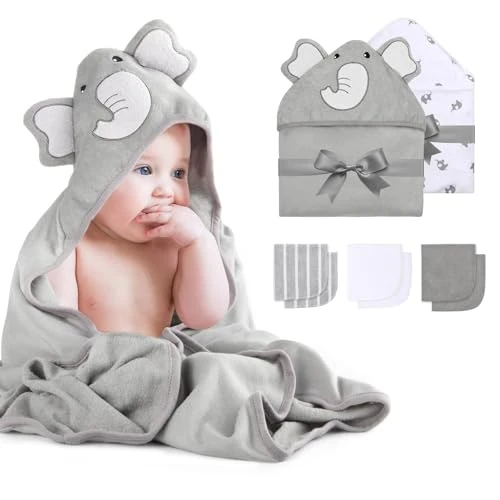 Limited-time offer: momcozy Hooded Baby Towel Set, 8-Piece Baby Bath Towel Set, 2Pcs Baby Towel and 6Pcs Baby Wash Cloth, Soft and Super Absorbent Baby Washcloths for Toddlers, Baby Shower Set Cute Elephant from 19.99 £ to 19.99 £ (save 0.00%)