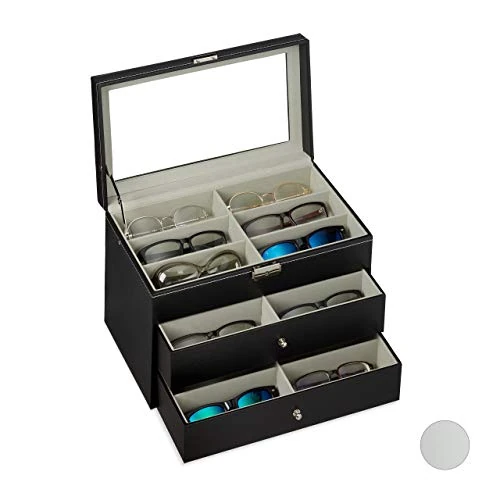 Tijdelijke aanbieding: Relaxdays brillendoos voor 18 brillen, opbergdoos zonnebrillen, 22,5x33,5x19 cm, kunstleer, brillen organizer, zwart van 37.61 € naar 37.61 € (0.00% korting)