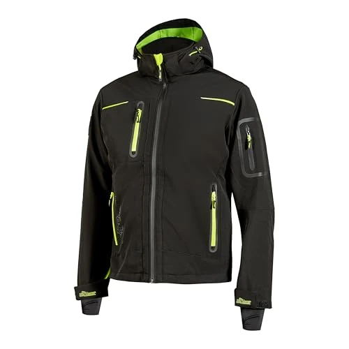 U-Power SPACE, Giacca Softshell, con Cappuccio Staccabile, Tasche Ampie, Full Zip, Antivento, Impermeabile, Tessuto Resistente, Confortevole (BLACK CARBON - L)