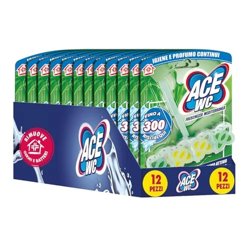 ACE Tavoletta WC Freschezza Mediterranea Anticalcare – Detergente WC con Schiuma Attiva, Profumo Agrumato, Igiene e Pulizia Continua del WC fino a 300 Risciacqui, Confezione da 12 pezzi
