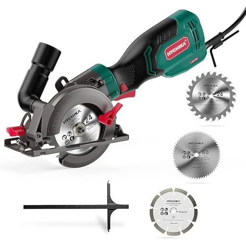 HYCHIKA Sega Circolare 750W, Mini Sega Circolare 3500RPM, Profondità Di Taglio Massima 48 mm (90°) e 32mm (45°), Motore in Filo Di Rame Puro, per Tagliare Piastrelle, Metallo e Legno