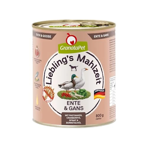 Offerta a tempo: GranataPet Pasto preferito anatra e oca, 6 x 800 g, cibo umido per cani, cibo per cani senza cereali e senza zucchero, alimento completo ad alta percentuale di carne e oli di alta qualità - 9% da 26.14 € a 23.88 €
