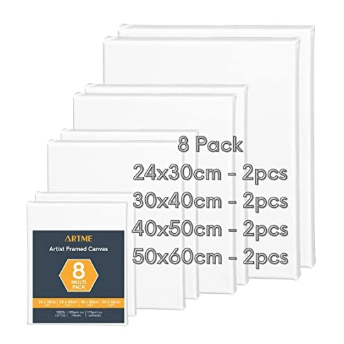 Oferta limitada: Artme Lienzos preestirados 8 piezas (24x30-2pz, 30x40-2pz, 40x50-2pz, 50x60 -pz) de artista / 280GSM 100% algodón/blanco/triple imprimado/sin ácido/grano medio / 1.7cm Acrílico/Aceite de 39.99 EUR a 29.99 EUR (ahorro 25%)