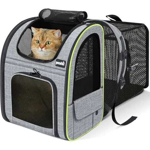 Pecute Mochila Gato＜6kg Mochilas para Gatos y Perro Transportin Gato Expandible y Plegable para Viajar en Tren/automóvil/Restaurante, Gris (Ventana de Malla)