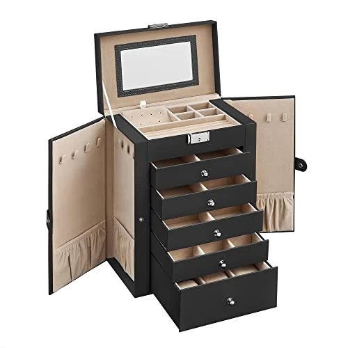 Tijdelijke aanbieding: SONGMICS Sieradendoos, Juwelendoos, grote juwelendoos met 6 niveaus, juwelendoos met zijdelingse scharnierende deuren, laden, spiegel en slot, voor ringen, oorbellen, horloges, zwart JBC152B01 van 74.99 € naar 53.99 € (28% korting)