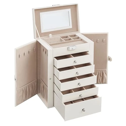 Limited-time offer: SONGMICS Jewellery Box 6 Tiers, Jewellery Case with 5 Drawers, Large Storage Capacity, with Mirror, Lockable, Jewellery Storage Organiser, Gift for Loved Ones, for Watches, Cloud White JBC152W01 from 59.99 GBP to 51.99 GBP (save 13%)