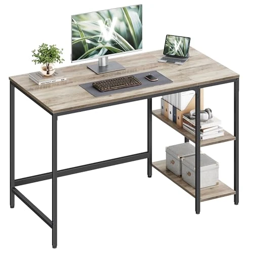 VASAGLE Bureau avec Rangement, Table d’Ordinateur, avec 2 Étagères Réversibles, Poste de Travail, pour Télétravail, Salon, Cadre en Acier, Style Industriel, Grège Chiné et Noir d'Encre LWD47MB