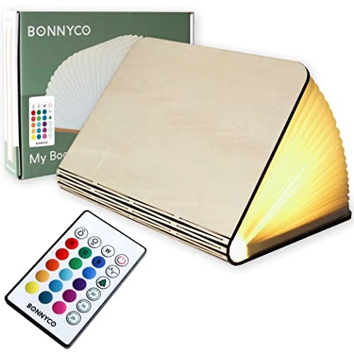 BONNYCO Lampada Libro Led Pieghevole in Legno con Telecomando 16 Colori e Timer. Lampada Libro Decorazioni Casa, Camera da Letto e Ufficio. Idea Regalo Originale, Donna, Uomo per Compleanno Natale