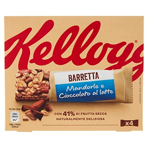 Kellogg's Barretta | Gusto Mandorle e Cioccolato al Latte | Ricca di Fibre e con 41% di Frutta Secca | 4 barrette da 32g (Confezione da 128g)