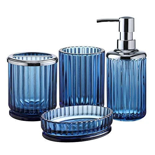 Limited-time offer: 4PCs Heavy Weight Decent Blue Glass Bathroom Accessories Set with Decorative Pressed Pattern - Includes Hand Soap Dispenser & Tumbler & Soap Dish & Toothbrush Holder (Cobalt Blue) from 48.64 £ to 48.64 £ (save 0.00%)