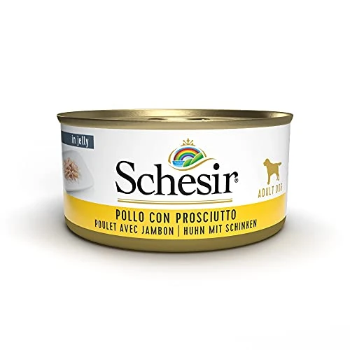 Schesir, Cibo Umido per Cani Adulti al Gusto Pollo con Prosciutto Preparato in Morbida Gelatina - Totale 2,7Kg (18 Lattine da 150G)