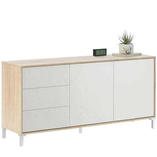 Habitdesign Sideboard 2 Doors and 3 Drawers, Buffet for Living Room, Side Cabinet, Brooklyn Model, Canadian Oak and Artic White, Measurements: 154 cm (W) x 74 cm (H) x 41 cm (Bottom)
