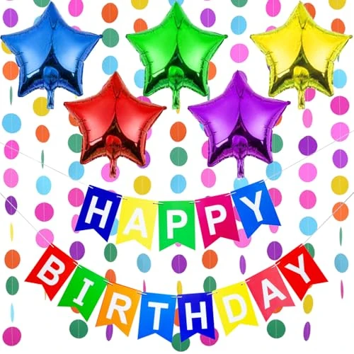 Offre limitée : Décorations Anniversaire - Banderole Bannière de Joyeux Anniversaire “Happy Birthday” + 5 Ballons Aluminium Etoiles + 2 Guirlandes Arc En Ciel de 3 mètres de 8.99 € à 8.99 € (0.00% de remise)