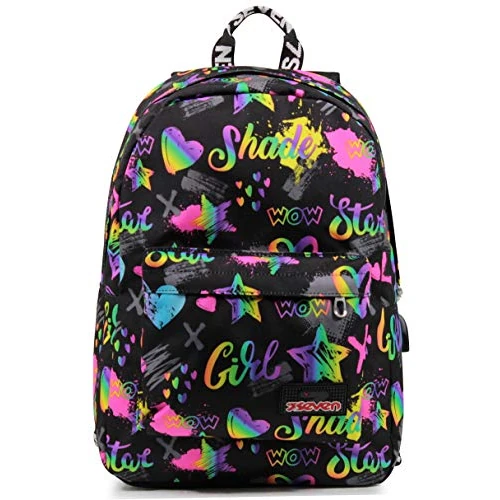 Seven Backpack, ISCHOOLPACK Knapsack, Book Bag, for Teen, Girls&Boys, Large Capacity, For School, Sport, Free Time, Laptop Sleeve, with Power bank, USB-Port, Italian Design, black