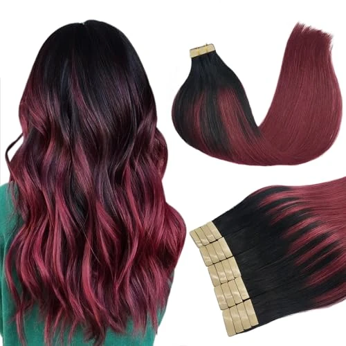 Oferta limitowana: DOORES 40 cm przedłużki do włosów na taśmie Ombre od kruczoczarnego do czerwonego z prawdziwych ludzkich włosów przedłużki na taśmie proste przedłużki do włosów naturalne włosy skórny wątek 50g 20szt z 195.13 zł na 195.13 zł (oszczędź 0