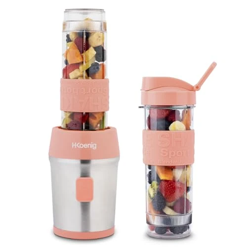 Tijdelijke aanbieding: H.Koenig SMOO10 frambozenrood Mini-Blender/Smoothiemaker SMOO10, bpa-vrij, 300 W, 2 Flessen van 570ml met Reisdeksel, Roze van 32.90 € naar 32.90 € (0.00% korting)