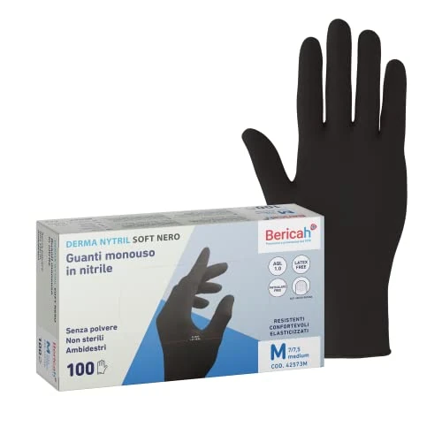 Bericah, Derma Nytril Soft Black, Nitrile Gloves, Powder Free, Size M, 100 Pieces