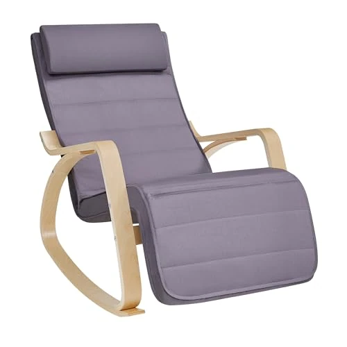 Offerta a tempo: SONGMICS Sedia a Dondolo, Poltrona a Dondolo con Braccioli in Betulla, Poggiapiedi Regolabile a 5 Altezze, Portata 150 kg, per Soggiorno Camera da Letto, Grigio Chiaro e Naturale LYY010G01 - 20% da 95.99 € a 76.79 €