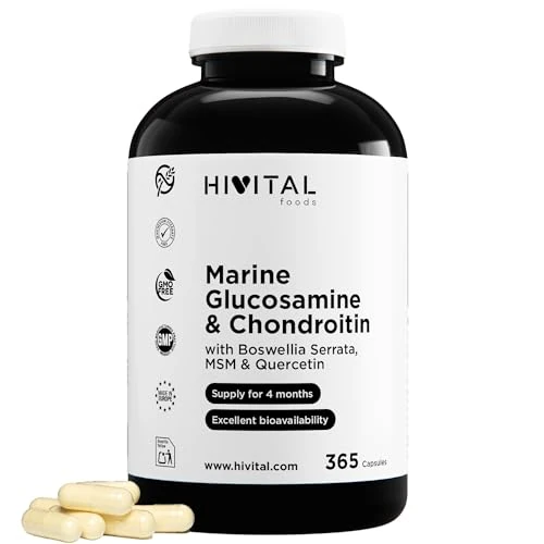 Offerta a tempo: Glucosamina con Condroitina. 365 capsule per 4 mesi di trattamento. Con 1500 mg di Glucosamina Marina 2KCL, Condroitina Marina, MSM, Boswellia Serrata e Quercetina. Prodotto in Europa da HIVITAL — 31% da 33,00 € a 22,87 €