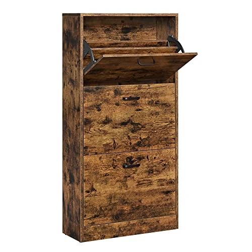 VASAGLE Schoenenkast met 3 klapdeuren, 3-laags houten opbergkast, perfect voor smalle ingang, hal, woonkamer, slaapkamer, 60 x 24 x 120 cm (l x b x h), rustiek bruin LBC030x01