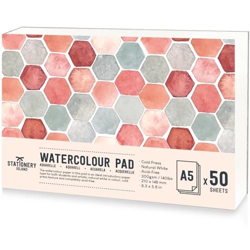 Stationery Island Blocco Carta Acquarello. Album da Disegno per Acquarello Pressato a Freddo. per Dipingere e Disegnare (A5, 50 pagine)