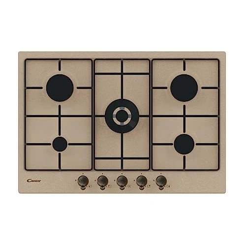 Candy Classic Piano Cottura a Gas 5 Fuochi, Acciaio Inossidabile, Bruciatore a Doppia Corona, Griglie Smaltate Leggere e Lavabili in Lavastoviglie, 74,5 x 51 x 3,5 cm, Color Avena - CHW7AV4WGT
