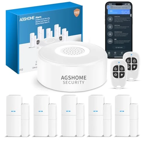 AGSHOME Intelligent draadloos huisalarm, wifi, deuralarm, 1 alarm met sirene, 5 raam- en deursensoren, 2 afstandsbedieningen, compatibel met Alexa, Google Assistant