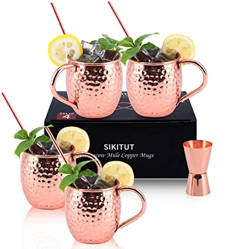 SIKITUT Moscow Mule zestaw 4 kubków miedzianych, w 100% ręcznie wykonanych kubków miedzianych, 550 ml, zestaw bonus: 4 wysokiej jakości słomki do koktajli i 1 jigger.