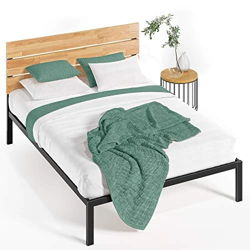 Zinus Paul Bed 160 x 190 cm – Bed Frame 36 cm High – Platform Bed Frame in Metal and Wood with Wooden Slats – Natural Brown