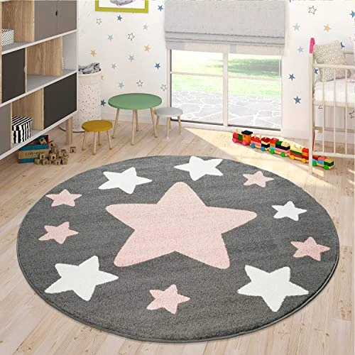 Offerta a tempo: Paco Home Tappeto Stanza Dei Bambini Tappeto Per Bambini Grandi E Piccole Stelle In Grigio Rosa, Dimensione:Ø 200 cm tondo - 54% da 74.99 € a 34.49 €