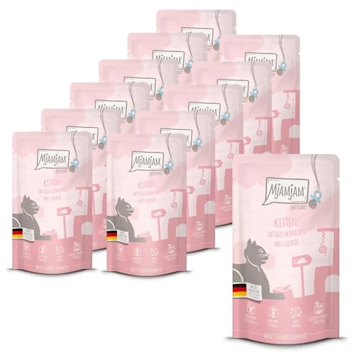 Offerta a tempo: MjAMjAM - cibo umido premium per gatti - Quetschie - Kitten pollo succoso con olio di salmone, confezione da 12 (12 x 125 g), senza cereali con carne extra - 31% da 25.86 € a 17.86 €