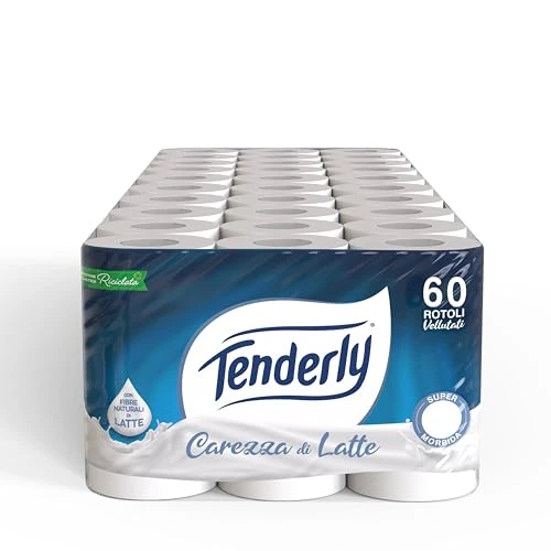 Tenderly Carezza di Latte, 60 Rotoli di Carta Igienica Morbidissima (10 conf da 6 rotoli), 2 Veli, 250* Strappi per Rotolo, Realizzata con Fibre 100% Naturali di Latte, Made in Italy