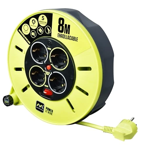 Masterplug Pro-XT Enrollacables de carrete de cable abierto de cuatro tomas con asa de bobinado, interruptor térmico e interruptor de alimentación, cable de alta visibilidad de 8 metros