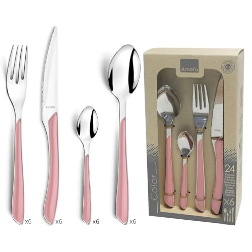 Limitiertes Angebot: AMEFA - 24-teiliges Tafelbesteck für 6 Personen – Eclat Pastel – Edelstahl 18/0, glänzende Oberfläche – Rosa von 50.30 EUR auf 50.30 EUR (Spare 0%)