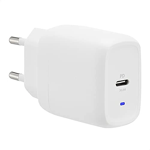 Amazon Basics 1-portowa ładowarka ścienna USB-C, 30 W GaN, do tabletów i telefonów komórkowych, kompatybilna z Samsung Galaxy S20/s20+/s20, zasilana, biała (nie PPS) 4,6 x 2,77 x 4,4 cm