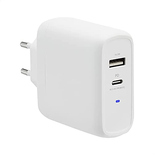 Begrenztes Angebot: Amazon Basics GaN-Wandladegerät mit 2 Anschlüsse, 63 W, 1 USB-C-Port mit 45 W und 1 USB-A-Port mit 18 W, für Laptops, Tablets und Handys mit Stromversorgung, Weiß (Nicht PPS), 6,6 x 2,94 x 6,24 cm von 22.90 EUR auf 19.24 EUR (Rabatt 16%)