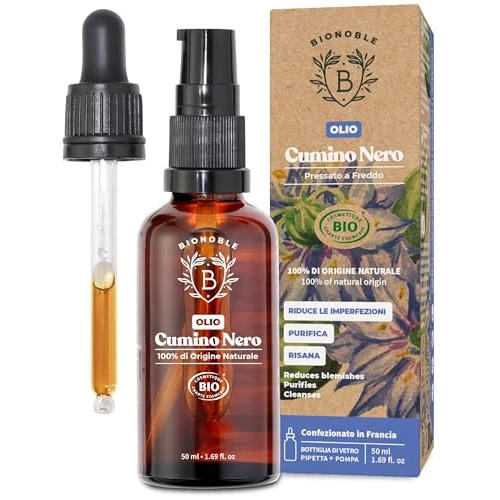 BIONOBLE Schwarzkümmelöl Bio Kaltgepresst - 100% Natürlich, Ohne Hexan - Mildert Unreinheiten - Schwarzkümmelöl Gesicht, Haare, Haut - Vegan Black Seed Oil - Glasflasche, Pipette, Pumpe - 50ml