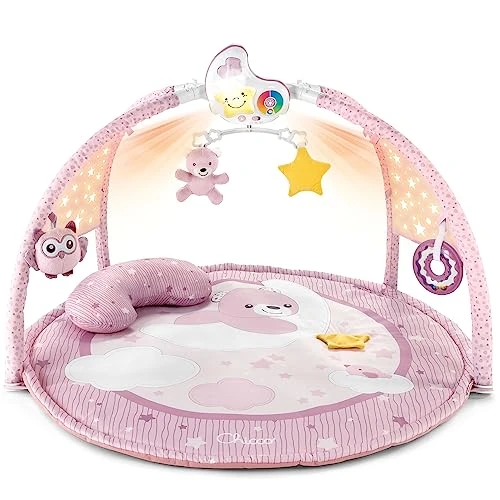 Chicco Enjoy Colours Tapis d'Éveil et de Jeux 3 en 1, Gym Electronique Multifonction, Projecteur d'Etoiles, Veilleuse Amovible et Musique Relaxante - Jouets pour Bébé dès la Naissance - Rose