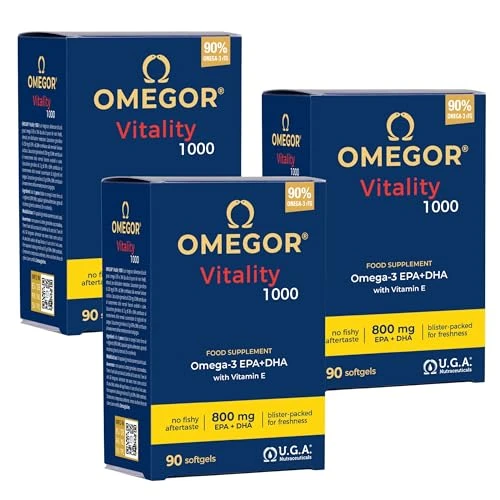Omega 3 Capsules High Strength - OMEGOR Vitality 1000 Omega3 Supplement with 535mg EPA and 268mg DHA for Heart, Brain and Eye Vision - No Fishy Aftertaste (90 Softgel Caps)