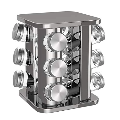 bonVIVO Especiero Giratorio de Cocina Organizador de Especias con 12 Botes de Cristal y Tapas Dosificadoras Estante para Condimentos en Acero Inoxidable, Ideal para Armario, Encimera y Muebles Plata