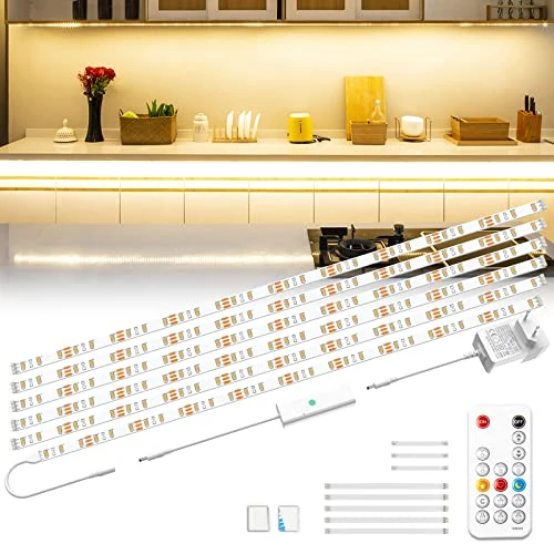 Wobsion Lámpara LED para debajo de los muebles, 3 m, blanco cálido, tira de luz para armarios de cocina, barra de luz clara con mando a distancia inalámbrico, tira LED regulable de 2700 K, 1500 lm